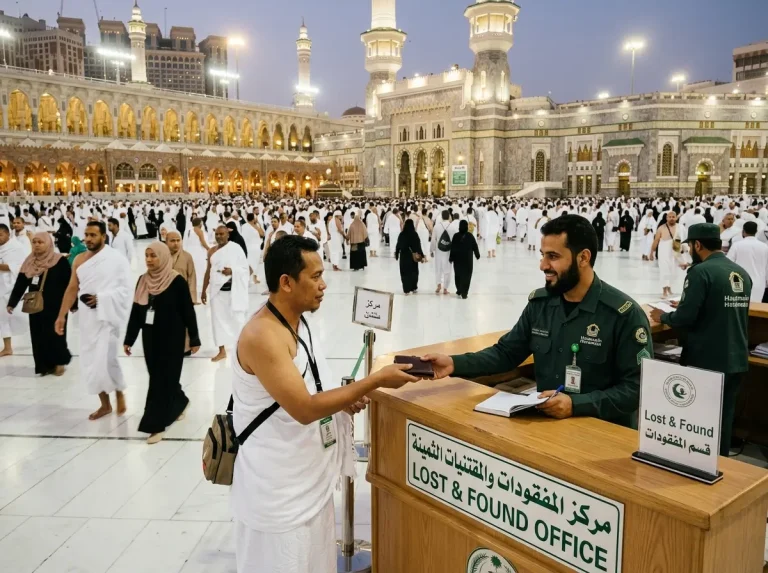 Jamaah menyerahkan barang hilang kepada petugas di area Masjidil Haram.