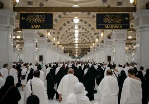 Jamaah melaksanakan sa’i di area Shafa dan Marwah dengan tertib di Masjidil Haram.