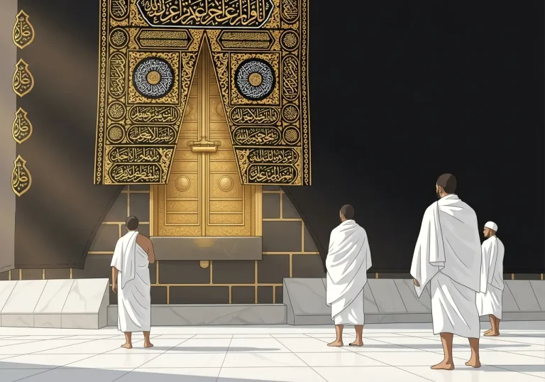 Pintu Ka’bah di Masjidil Haram dengan suasana jamaah yang khusyuk dan tertib.